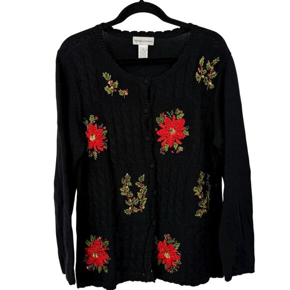 Drapers Damons Christmas Cardigan size XL Button Up Holly Poinsettia Embroidered - Picture 3 of 11